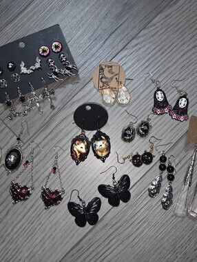 Lot Of 20 Pairs Earrings Goth Bulk Mystery Jewelry Bundle Emo Punk Scene Whimsy